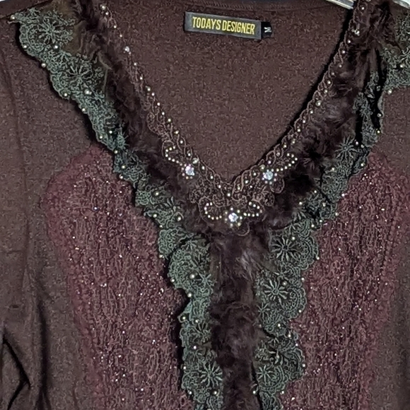 Women's Brown V-Neck Sweater with Beading Faux-Fur & Lace Detailing - Picture 2 of 16